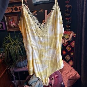 Free People Yellow and White tie dye Lace Trim Bodysuit NWT